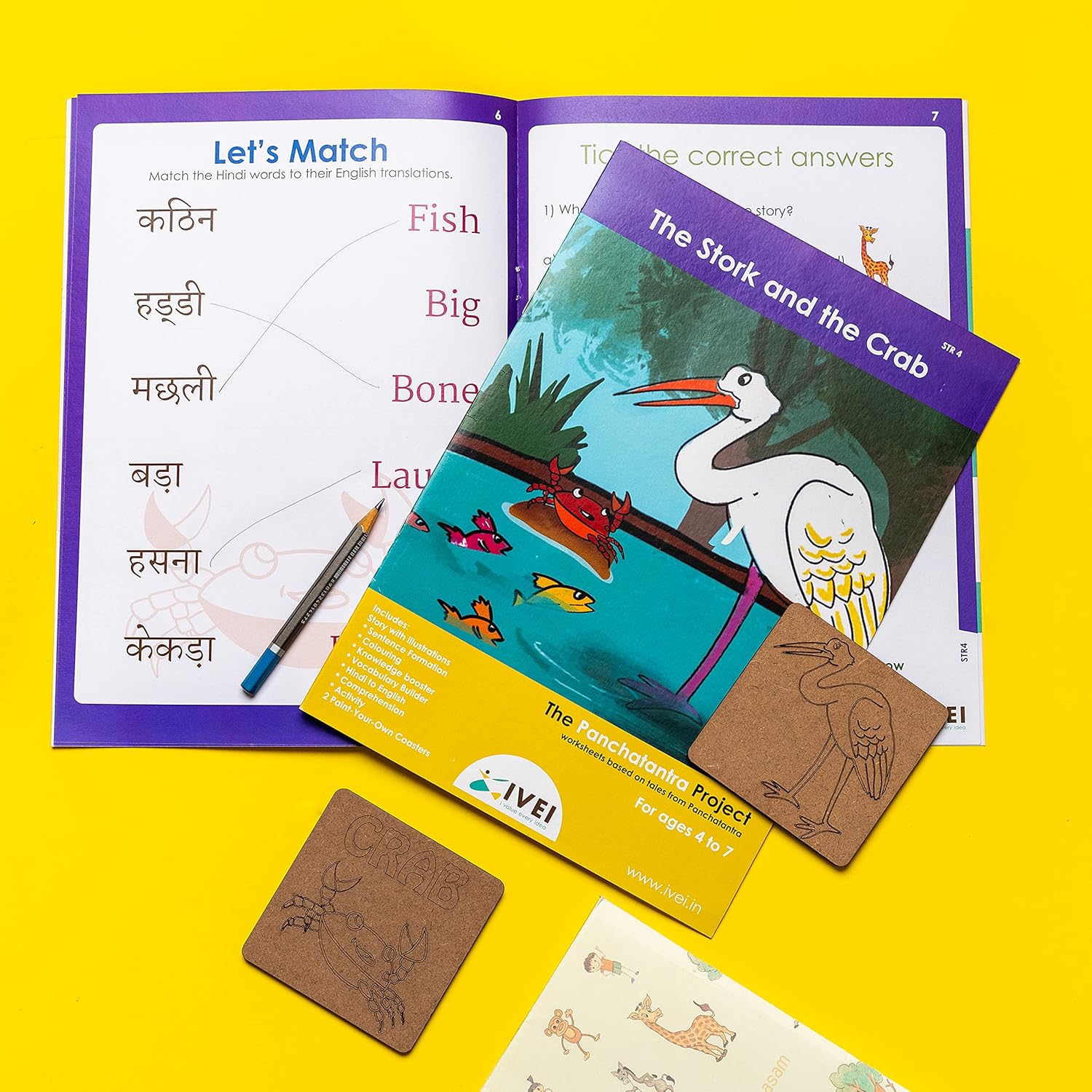 IVEI Panchatantra Kids Learning Book - Workbook and 2 DIY coasters of Panchatantra Story - Colouring Activity Worksheets - Creative Fun Activity and Education For Kids - The Stork and the Crab ( Age 4 to 7 Years )