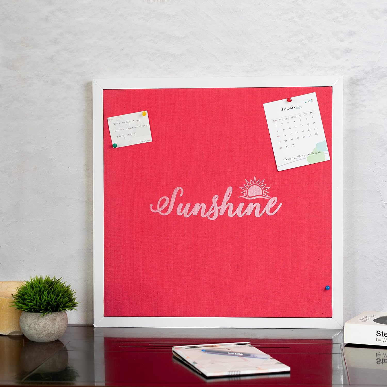 IVEI Framed Pink Linen Pin Board Bulletin Board for Wall Memory Memo with Wooden Frame |Hanging Board Picture Board for Home Office Decor, Cute Vision Board with Push Pin - Sunshine, Dream