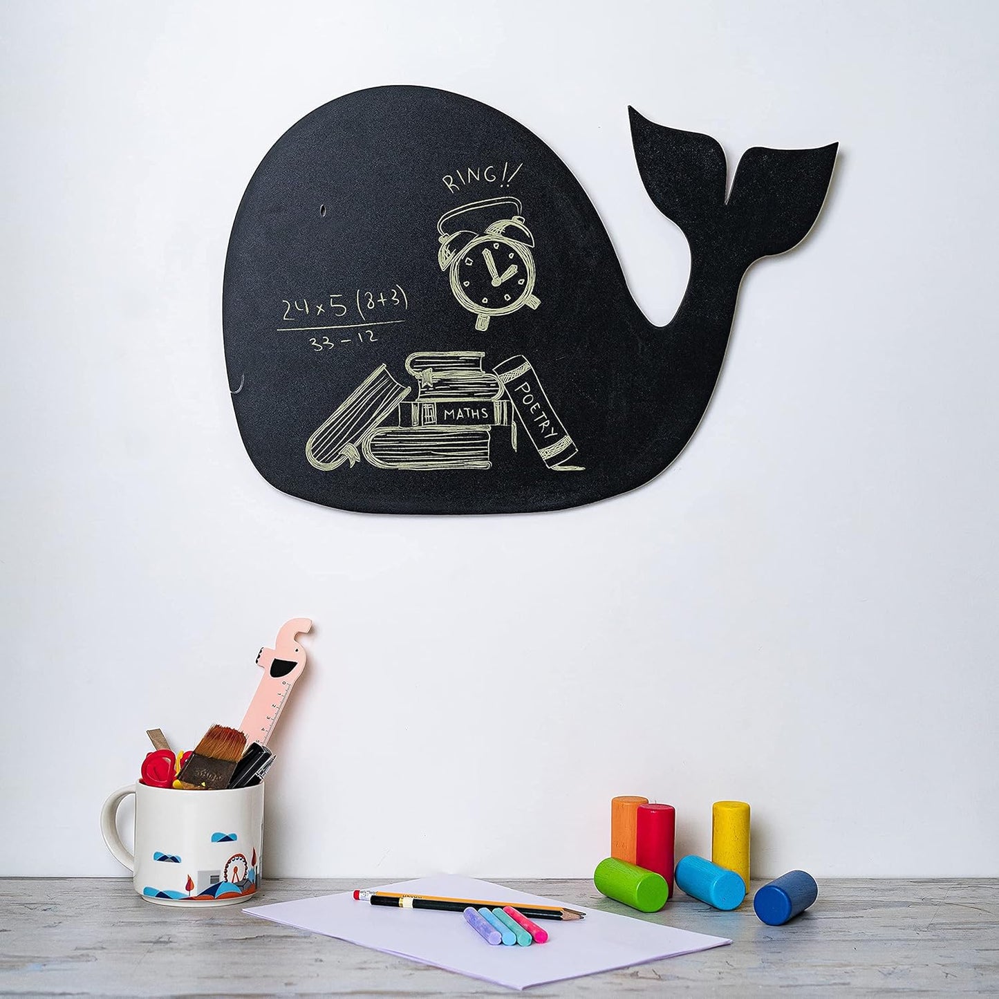 IVEI Wooden Whale Shaped Black Board for Kids - Mini Black Slate Board for Kids' Learning - Chalkboard for Decoration - Kids Black Board with Chalk & Duster for Drawing & Writing (10 Chalks)