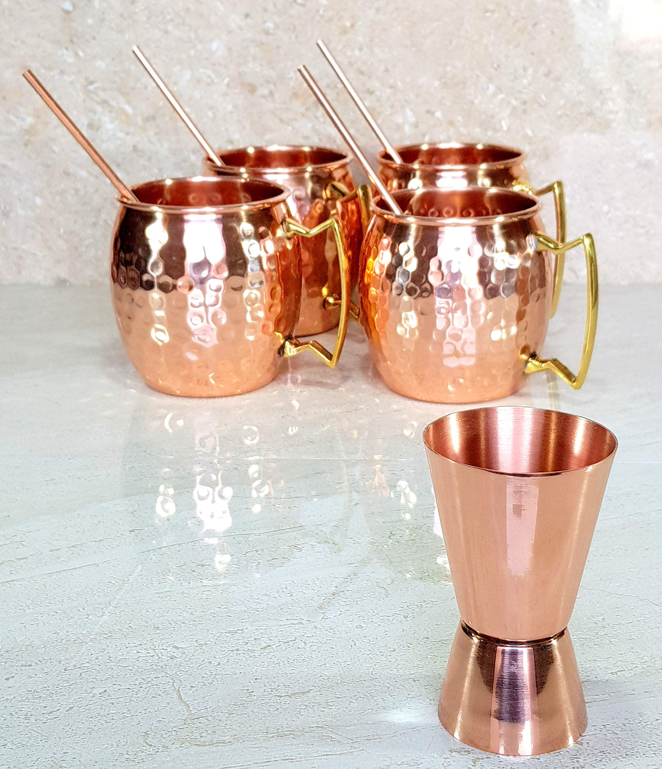 eSplanade Moscow Mule Cocktail Copper Mugs - Set of 4 Mugs, 4 Copper Straws, and a Peg Measurer
