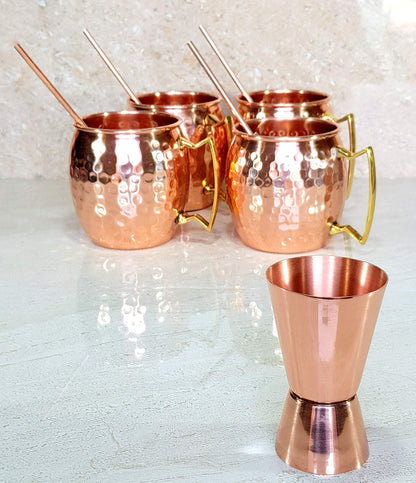 eSplanade Moscow Mule Cocktail Copper Mugs - Set of 4 Mugs, 4 Copper Straws, and a Peg Measurer (HAMMERED BRASS HANDLE)