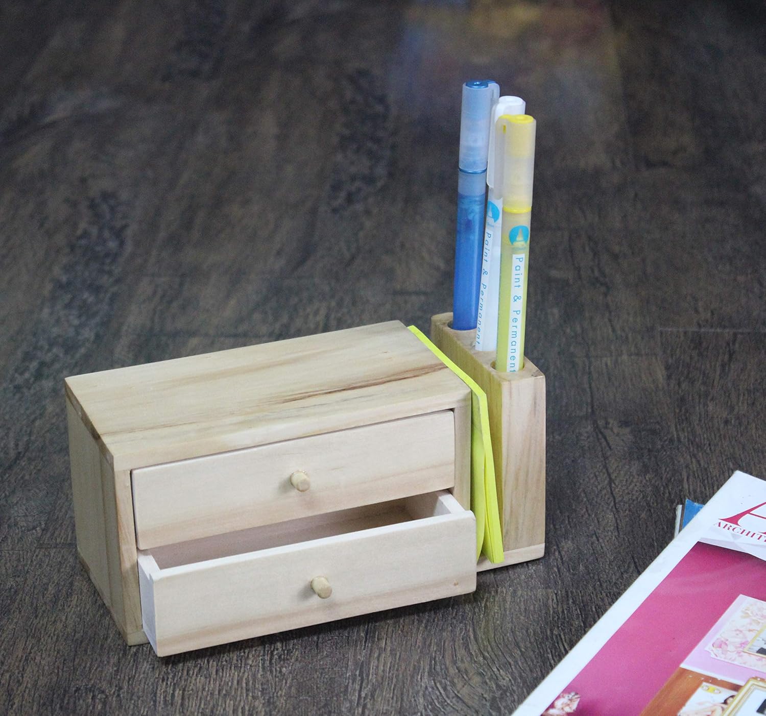 IVEI Sleek Pine Wood Rectangular Pen Stand for Father - Pen/Pencil Holder - Minimalistic Office Desk Organizer with Quote - Wooden Stationery Holder for Office and Study Table - Unique Budget Gifts