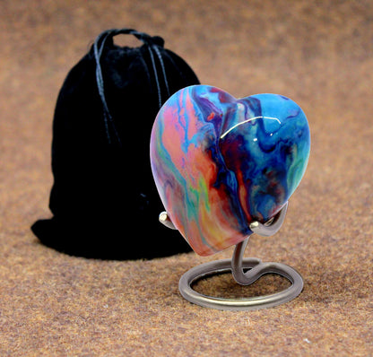 eSplanade Metal Mini Cremation Urn Heart-shaped Keepsake Memorial Jar Pot Container | Small Urn for Funeral Ashes Burial | Wave Textured Metal Keepsake with Stand | Multicolor - 2.75" Inches