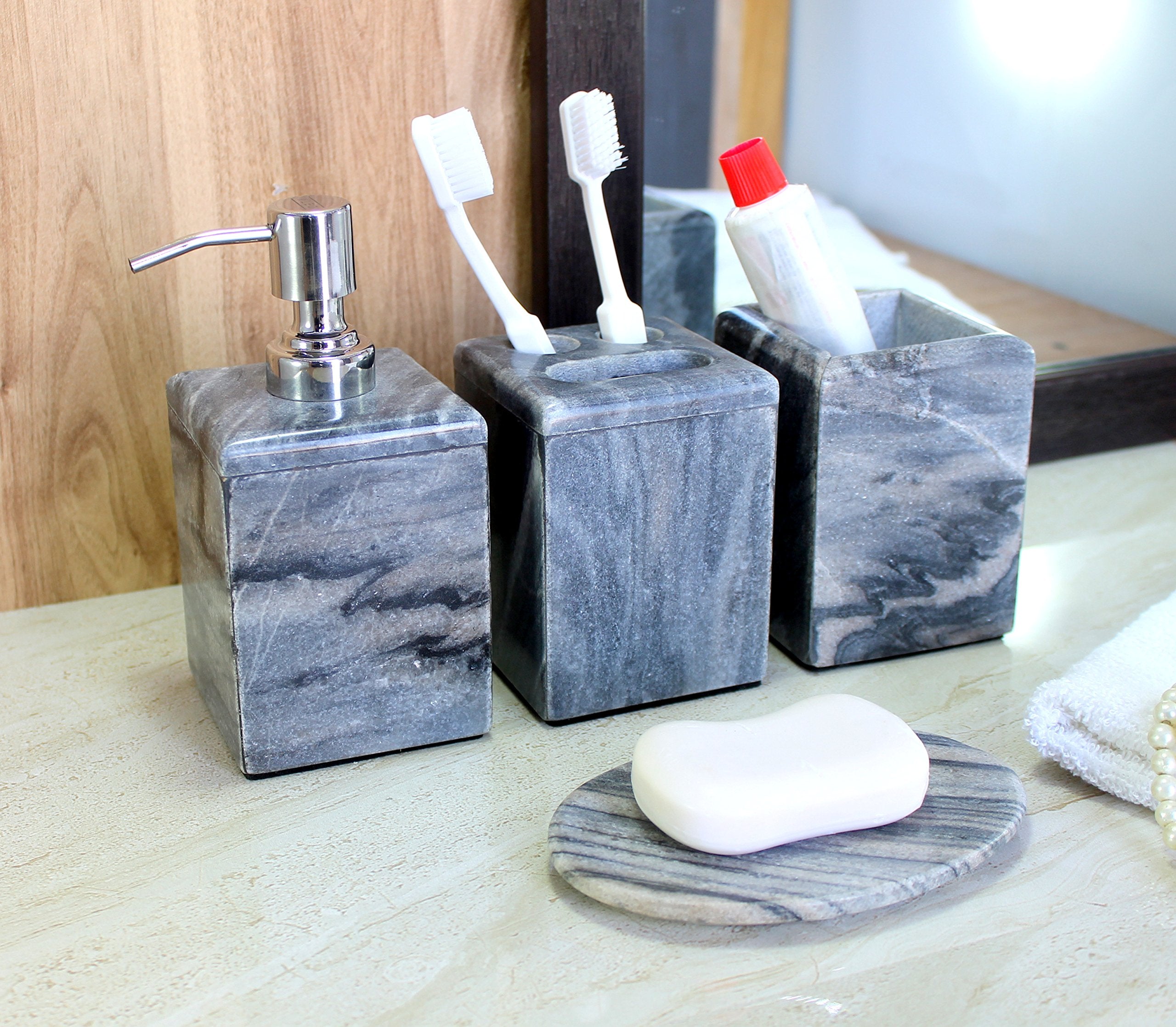 KLEO - Bathroom Accessory Set Made from Natural Stone - Bath Accessories Set of 4 Includes Soap Dispenser, Toothbrush Holder, Tumbler and Soap Dish (Black, Brown)