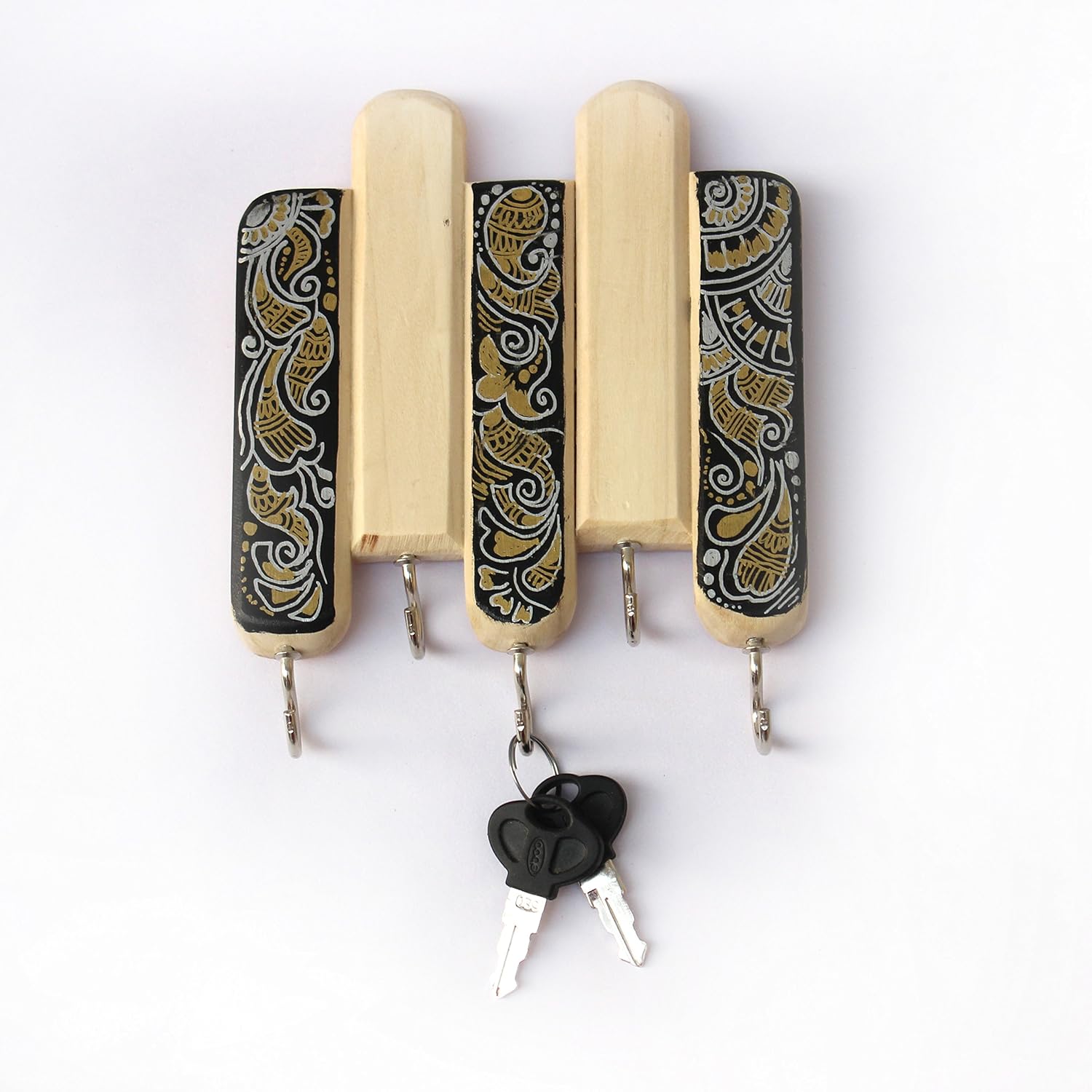 IVEI Wooden Keyholder with hooks for wall Hand Painted- Mehendi Art Hook - Handicrafts of India