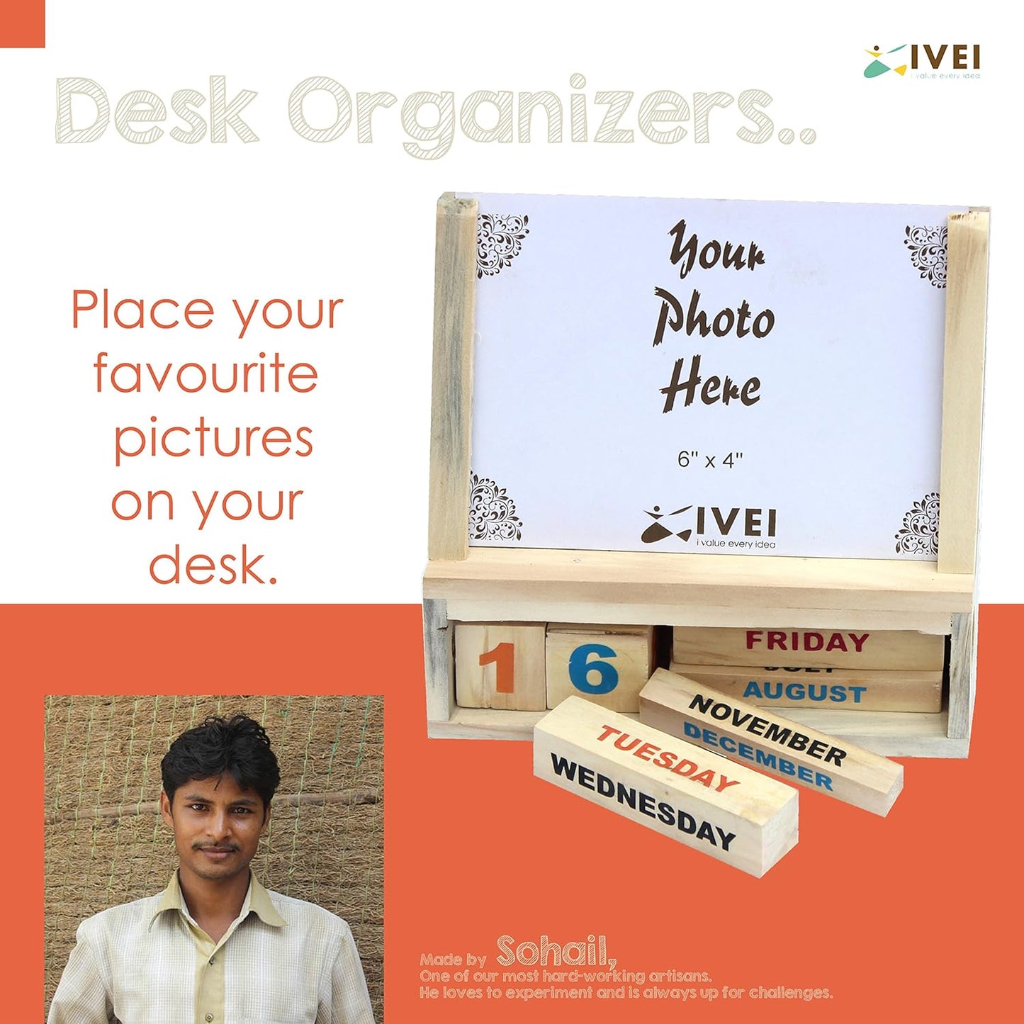 IVEI Generic Wooden Calendar With A Photo frame - handcrafted by rural artisans of India - - Innovative utility desk organizer - office products