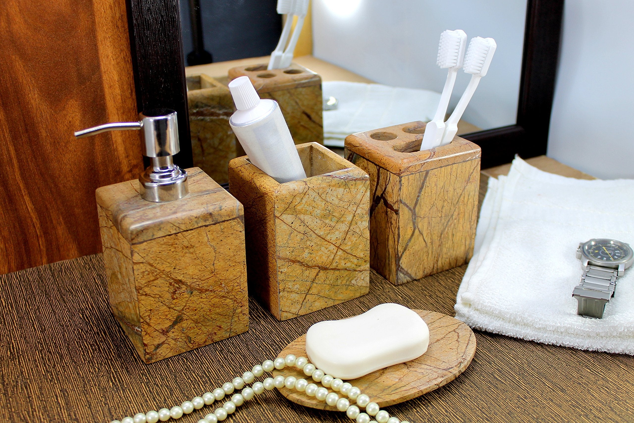 KLEO - Bathroom Accessory Set Made from Natural Stone - Bath Accessories Set of 4 Includes Soap Dispenser, Toothbrush Holder, Tumbler and Soap Dish (Black, Brown)