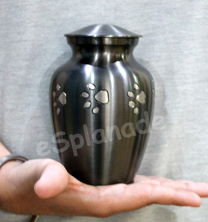 eSplanade Mini Cremation Urn Memorial Jar Pot Container | Small Keepsake for Funeral Ashes Burial | Silver Paws Printed Metal Keepsake | Black - 4.5" Inches