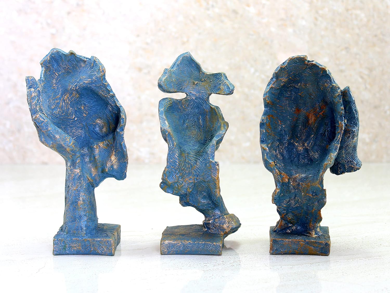 eSplanade Resin Human Faces - Zen Sculpture Showpiece | See No Evil, Hear No Evil, Speak No Evil | Face Expressions Statement Pieces | Home Decor | Set of 3 - Black-Golden - 8.5" Inches (Blue)