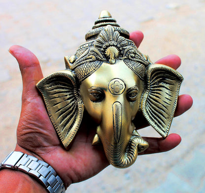 StonKraft - 6" Brass Ganesh/Ganesha Door Hanging - Beautiful Ganesh Face Murti Idol Statue Sculpture Wall Hanging of Brass (6"x 5") - Great Gift Choice