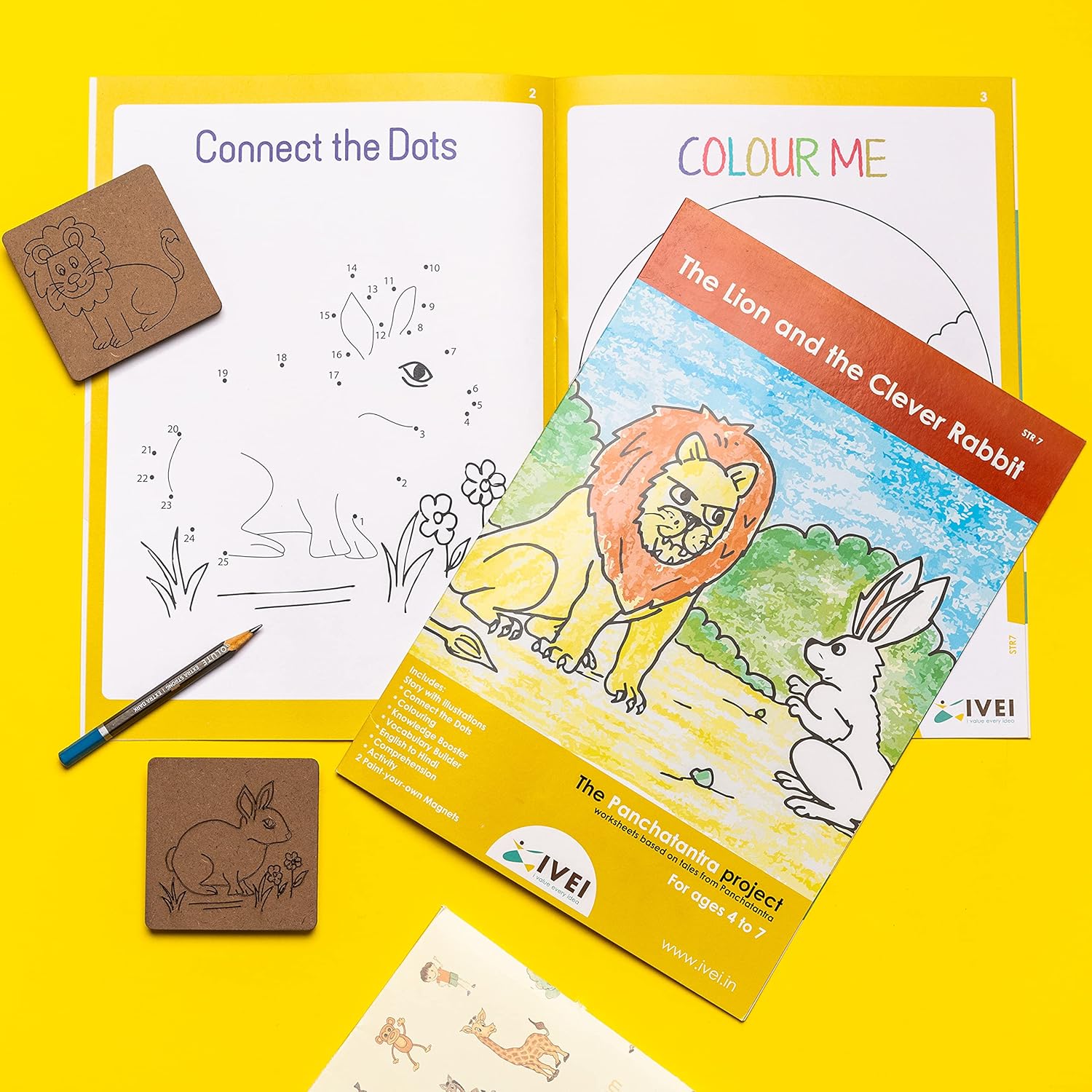 IVEI Panchatantra Kids Learning Book - Workbook and 2 DIY magnets of Panchatantra Story - Colouring Activity Worksheets - Creative Fun Activity and Education For Kids - The Lion and the Clever Rabbit ( Age 4 to 7 Years )
