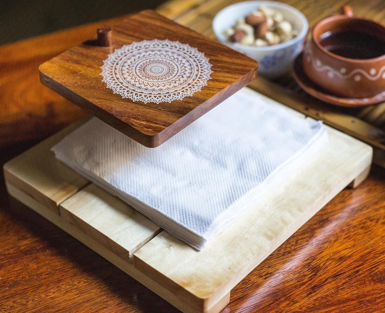 Esplanade Wooden Napkin Holder – Mandala Print Tissue Holder - Smart Napkin Holder - Antique Handcrafted Decorative Wooden Holder - Tissue Paper Holder for Table Office and Home