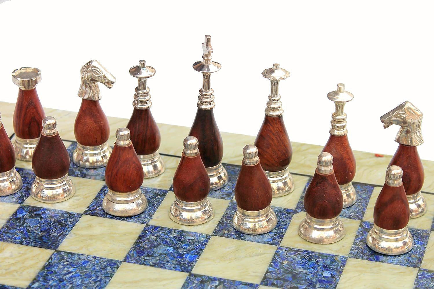 StonKraft Collectible Australian Marble and Lapis Lazuli Chess Board Set + Brass Chess Pieces Pawns - Decorative Stone Chess - 15" Inches