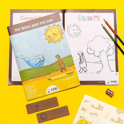 IVEI Panchatantra Story Kids Learning Book - Workbook and 2 DIY Bookmarks - Colouring Activity Worksheets - Creative Fun Activity and Education for Kids - The Wind and The Sun ( Age 4 to 7 Years )