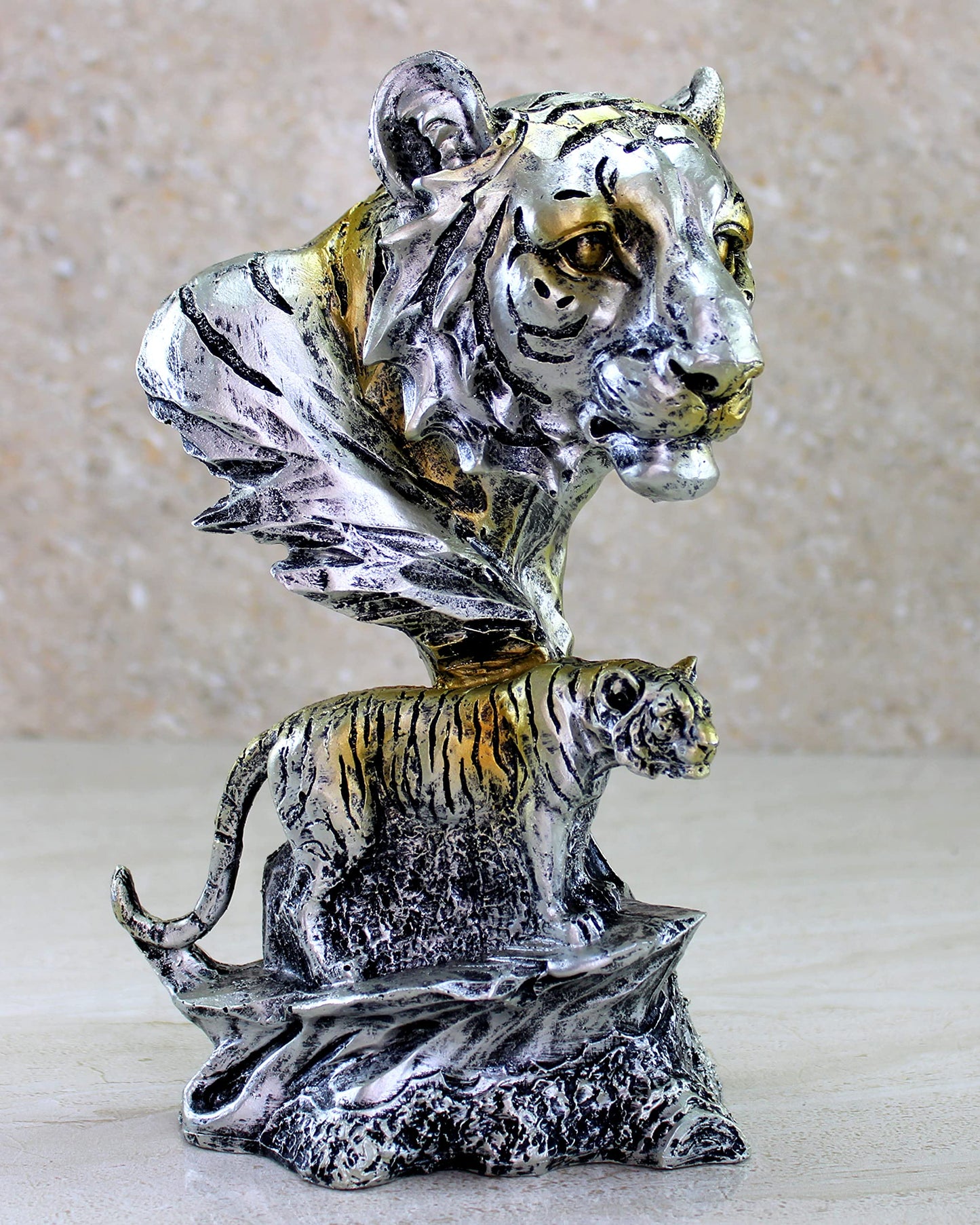 eSplanade Resin Tiger Face with Standing Tiger Sculpture Statue Figurine Showpiece | Statement Decorative Item Home Decor - Grey - 9" Inches