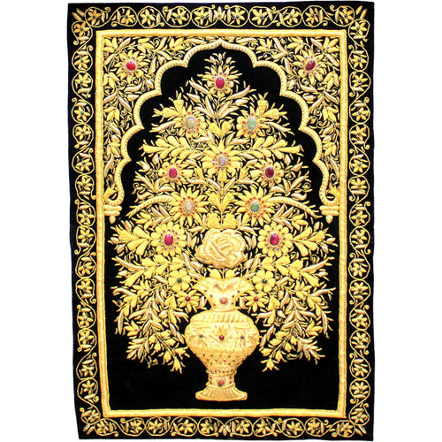 eSplanade Zardozi Jewel Embroidered Wall Hangings - 3D Multicolor Flower Vase Embroidered Tapestry Zardosi Wall Hanging with Semi-precious stones - 24