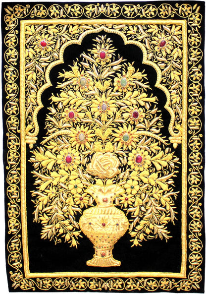 eSplanade Zardozi Jewel Embroidered Wall Hangings - 3D Multicolor Flower Vase Embroidered Tapestry Zardosi Wall Hanging with Semi-precious stones - 24" x 36" Inches - Black-Golden