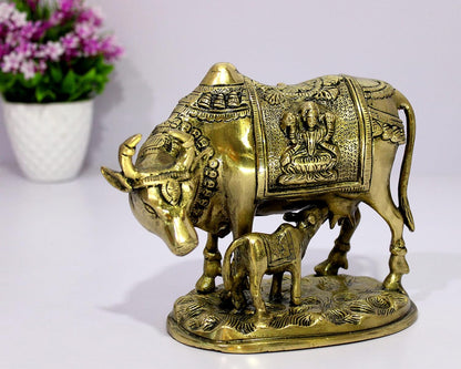 eSplanade Brass Holy Kamdhenu Kamadhenu Cow and Calf Sculpture - Lucky Figurine Idol Statue Sculpture (6 Inch)