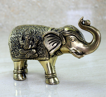 eSplanade Brass Elephant | Handmade Laxmi Ganesh Carving Maharaja Elephant Idol for Decoration (Brass/Elephant/3")