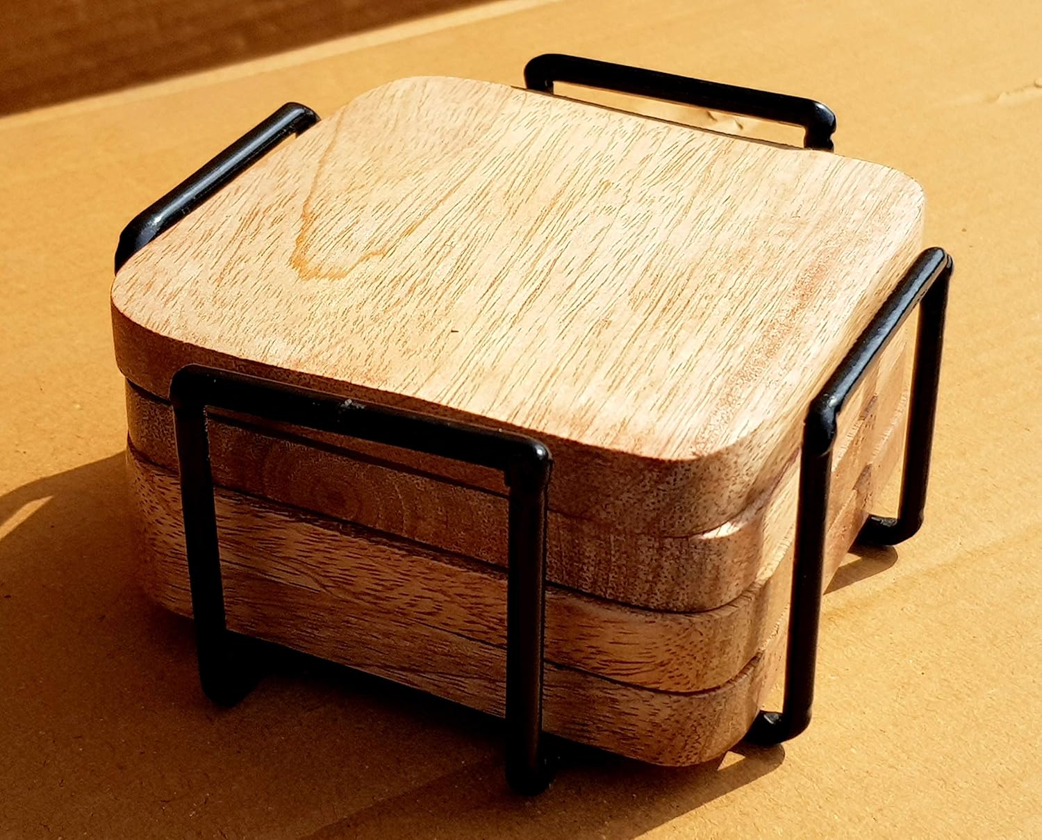 StonKraft Wood Wooden Tea Coffee Coasters Coaster Set Coasters with Wrought Iron Holder (4 In Square with Iron Holder)