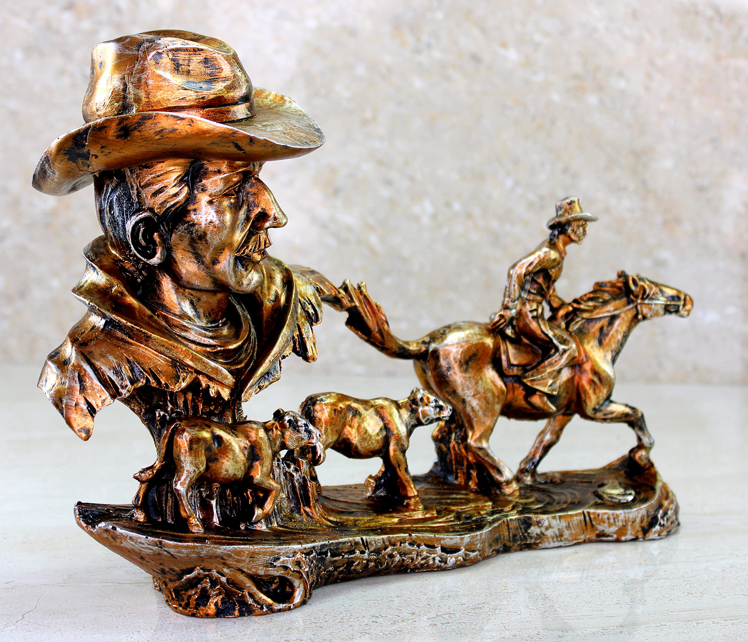 eSplanade Resin Cowboys with Horse, Cow Decorative Sculpture Showpiece Figurine - Home Decor - Grey Brown & Golden Brown- 9" Inches (Height)