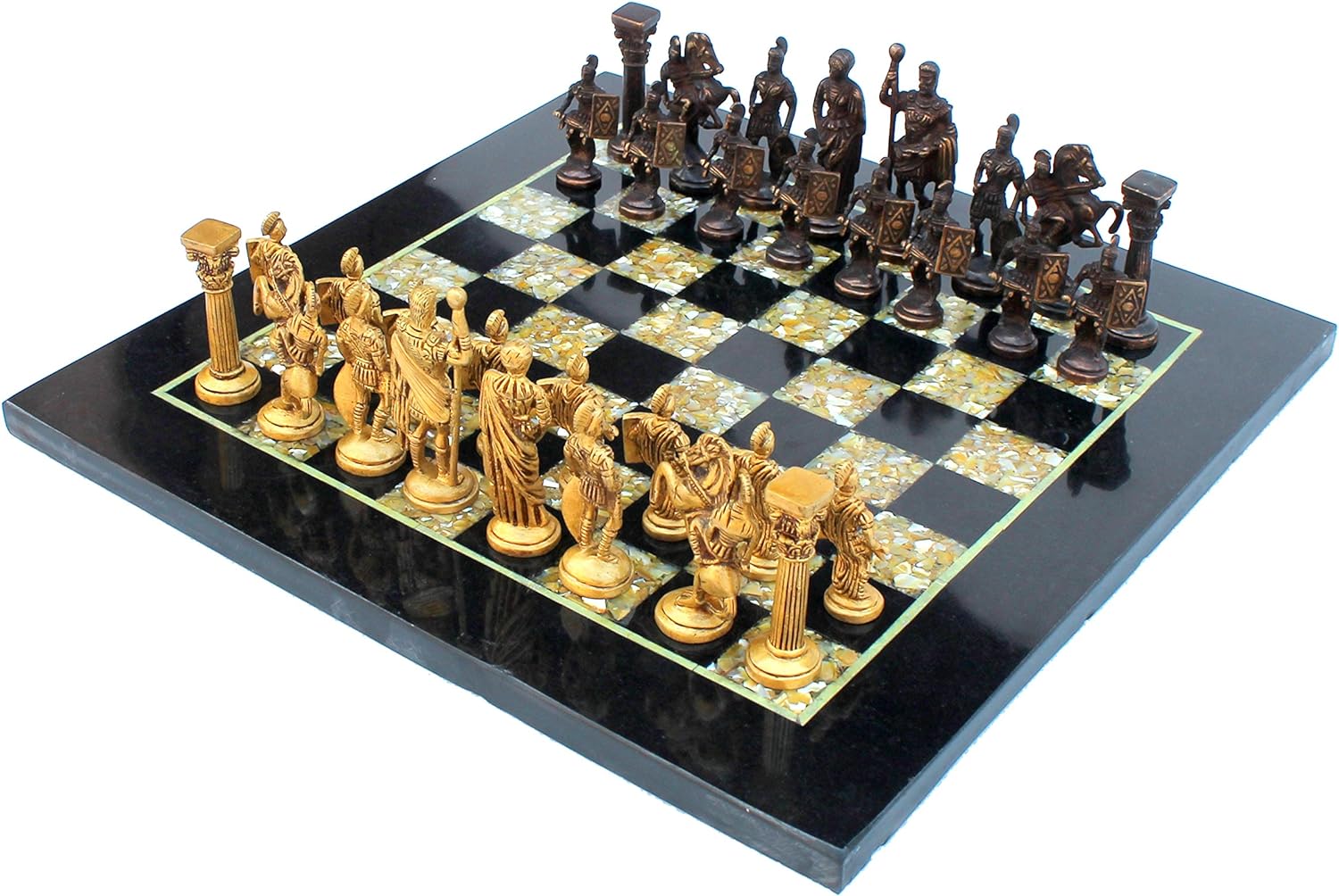 StonKraft Collectiblck e Black Marble & (MOP) Mother of Pearl Chess Board Set + Brass Chess Pieces - Decorative Stone Chess - Home Decor - 15" Inches