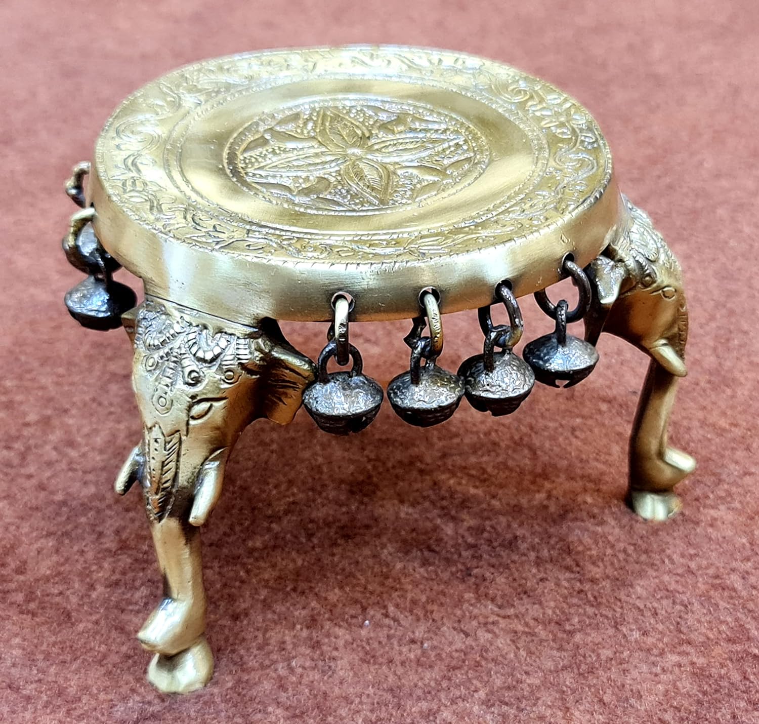 eSplanade Brass Round Mandir Chowki | Elephant Pillars Pooja God Stool with Ghungroo