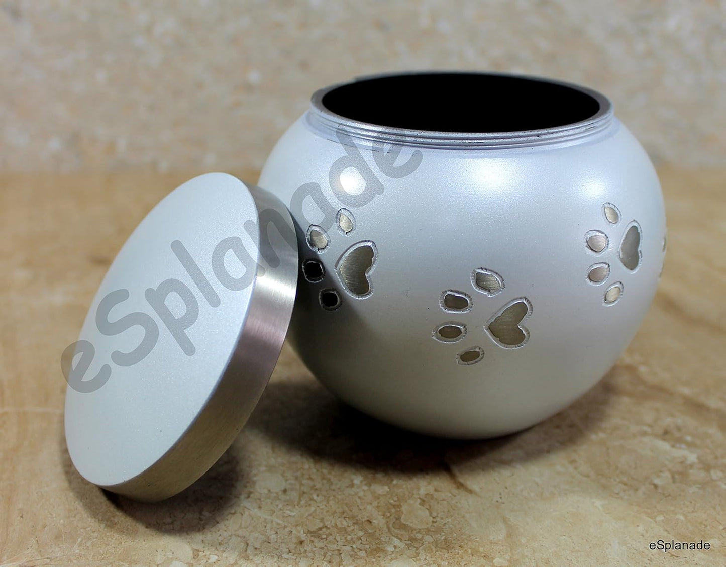 eSplanade Metal Cremation Urn Memorial Jar Pot Container |Standard Size Urn for Funeral Ashes Burial | Round Shape Paws Engraved Metal Urn | White - 4.5" Inches