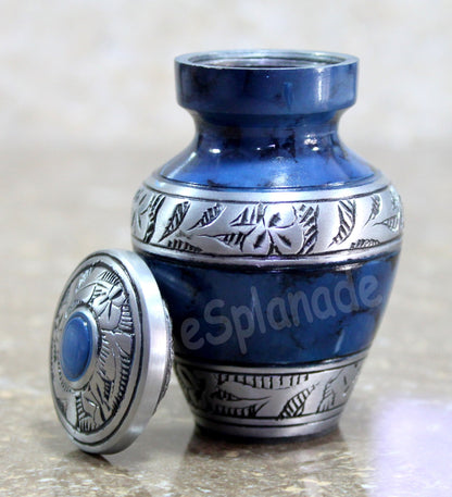 eSplanade Mini Cremation Urn Keepsake Memorial Jar Pot Container | Small Urn for Funeral Ashes Burial | Engraved Metal Keepsake | Navy Blue - 4.5" Inches