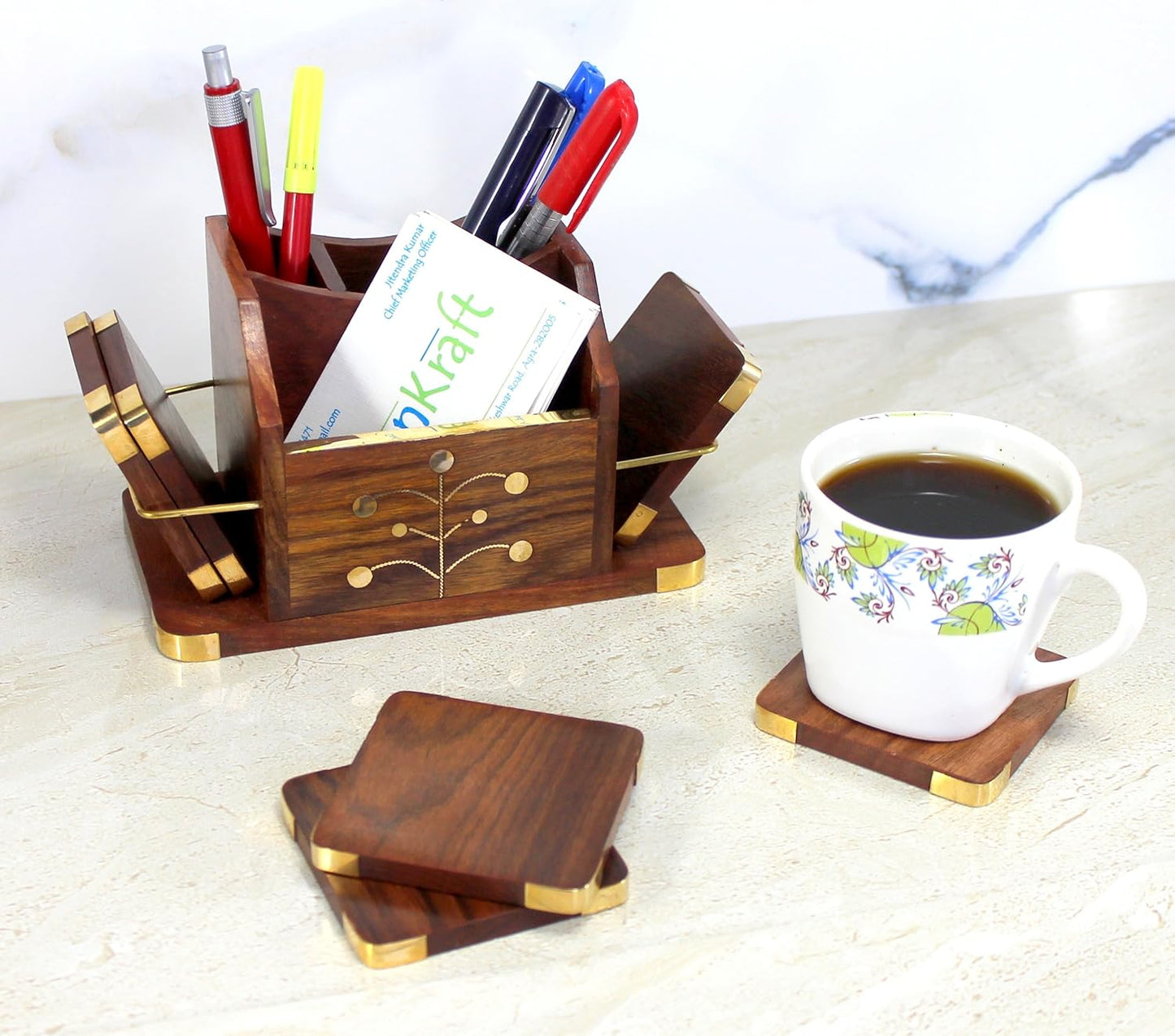 Stonkraft Wooden Rosewood Desk Organizer, Coasters Set, Pen Stand, Business Card Holder with Brass Work (Office Table Accessories)