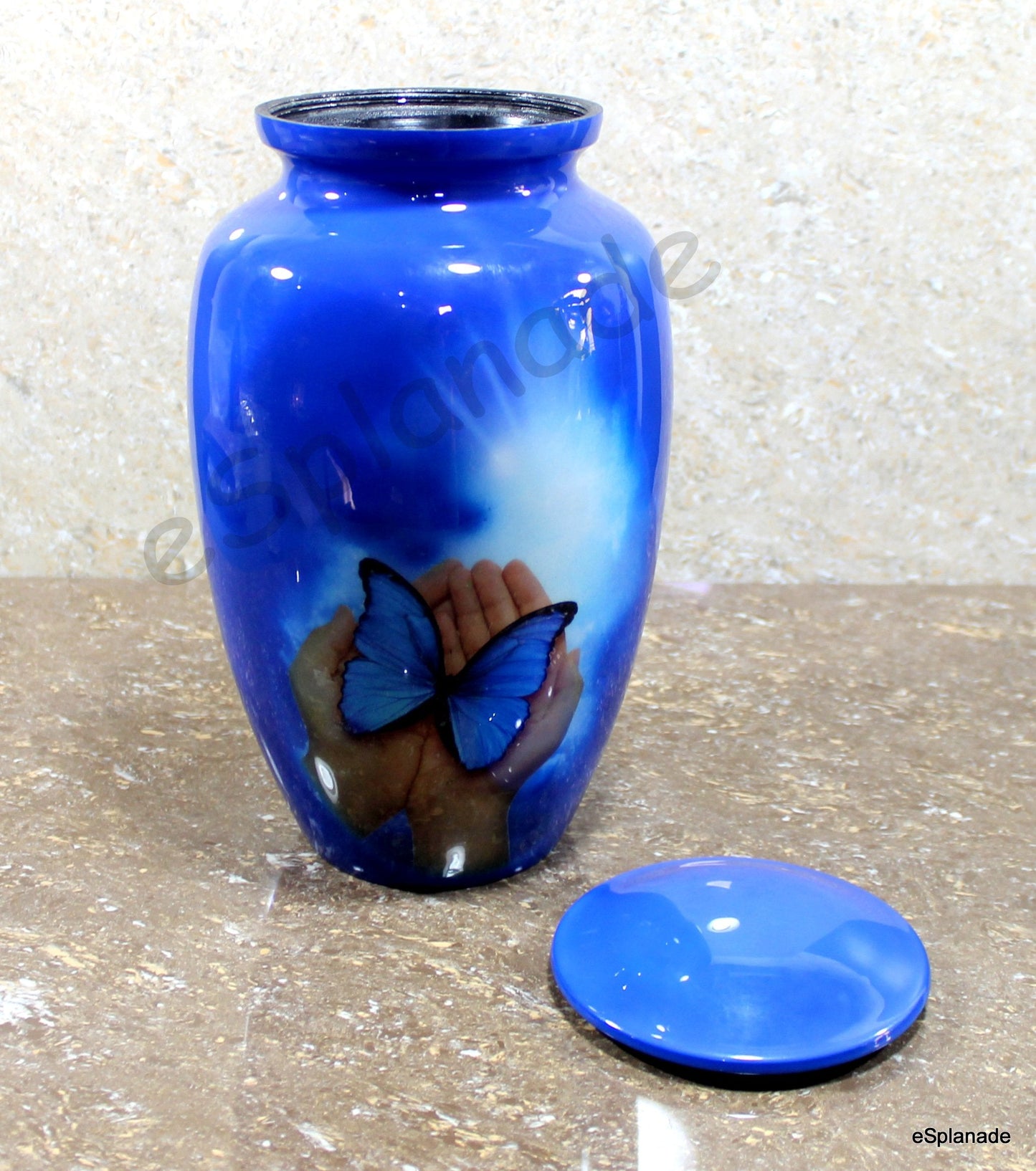 eSplanade Metal Cremation Urn Memorial Jar Pot Container | Full Size Urn for Funeral Ashes Burial | Colorful Butterflies Print | White - 10" Inches