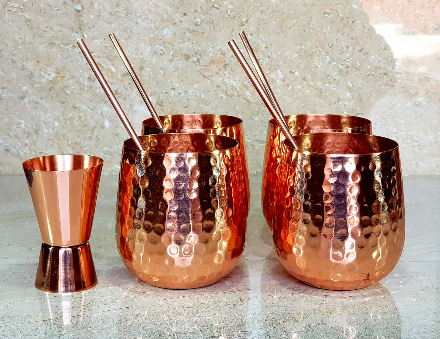 eSplanade Moscow Mule Cocktail Copper Mugs - Set of 4 Mugs, 4 Copper Straws, and a Peg Measurer (HAMMERED BRASS HANDLE)