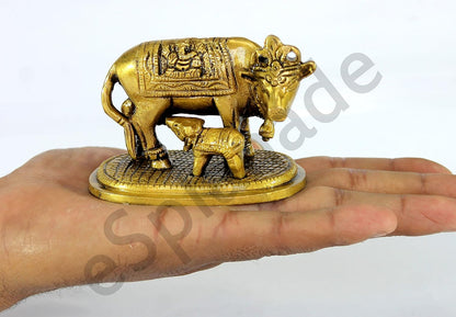 eSplanade Brass Holy Kamdhenu Cow and Calf Sculpture | Holy Cow Brass Idol Beautiful Lucky (Carved Cow)