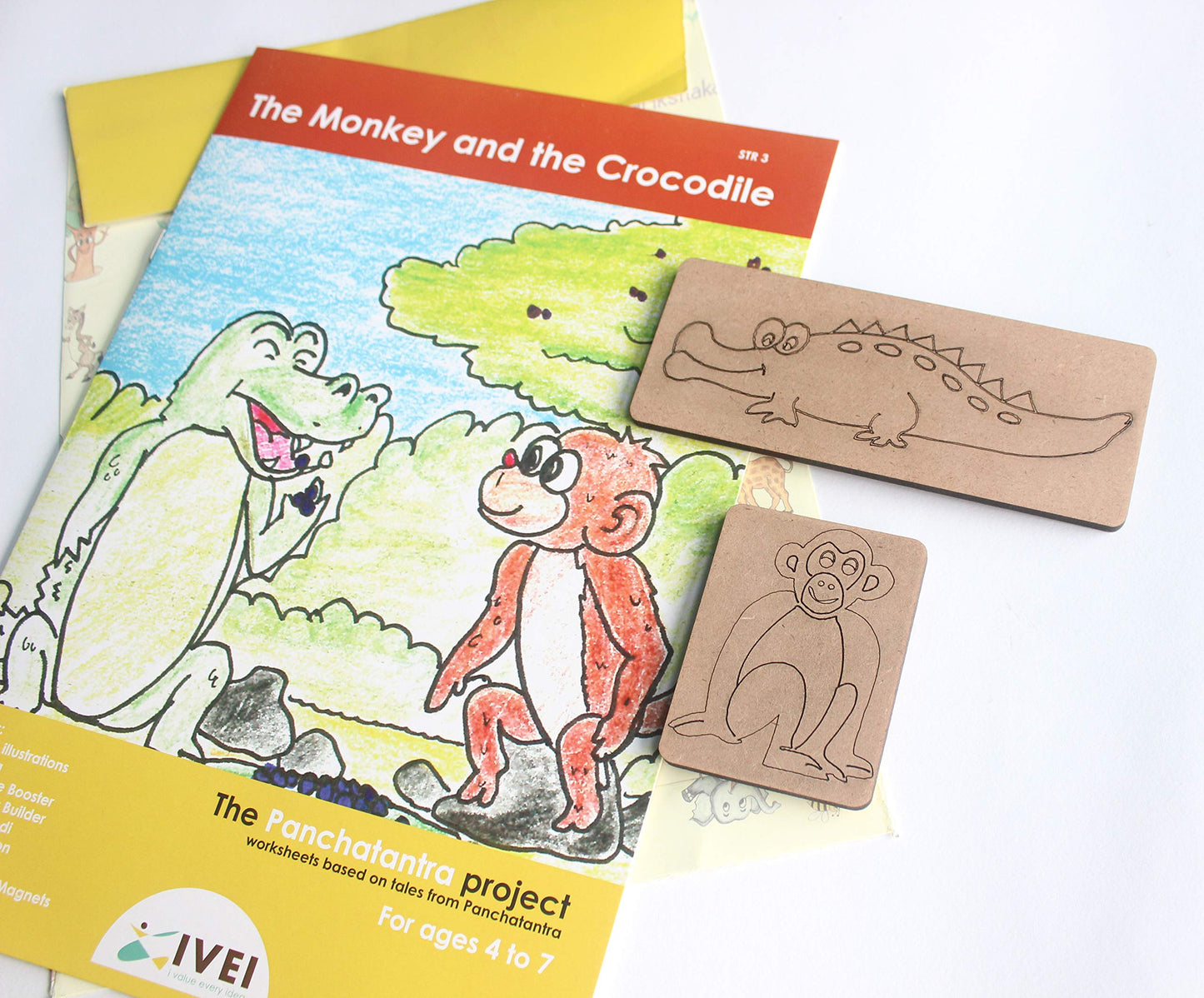 IVEI Panchatantra Kids Learning Book - Workbook and 2 DIY magnets of Panchatantra Story - Colouring Activity Worksheets - Creative Fun Activity and Education For Kids - The Monkey and the crocodile