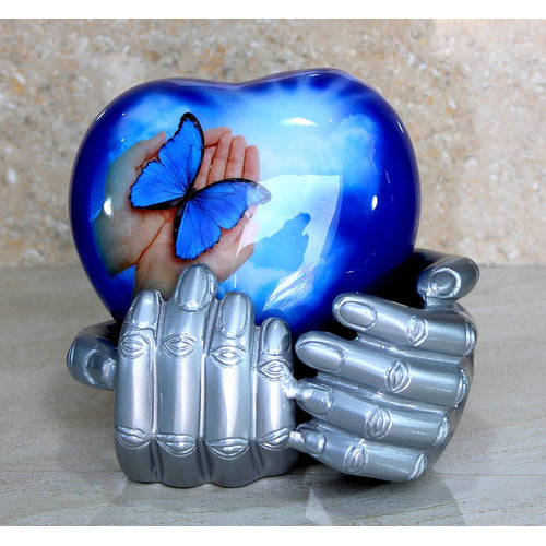 eSplanade Metal Heart-shaped Urn in Hands Stand Cremation Memorial Jar Pot Container | Medium Size Urn for Funeral Ashes Burial | Butterfly Printed Urn | Blue - 6