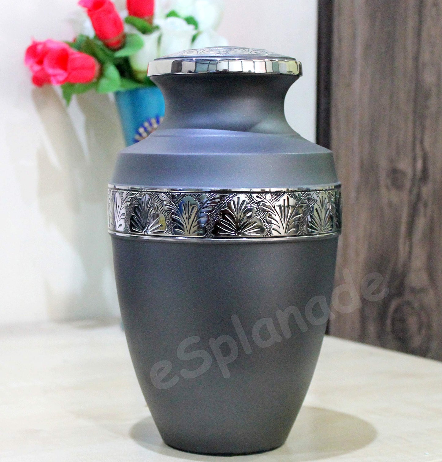 eSplanade Brass Cremation Urn Memorial Jar Pot Container | Full Size Urn for Funeral Ashes Burial | Engraved Metal Urn | Black - 8" Inches