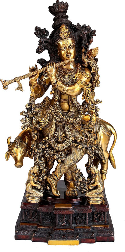 eSplanade Brass Krishna with Cow, Gopal, Kishan Thakurji Murti Idol Statue Sculpture or Pooja Idols for Home Decor (Very Big Size' 31" inches)