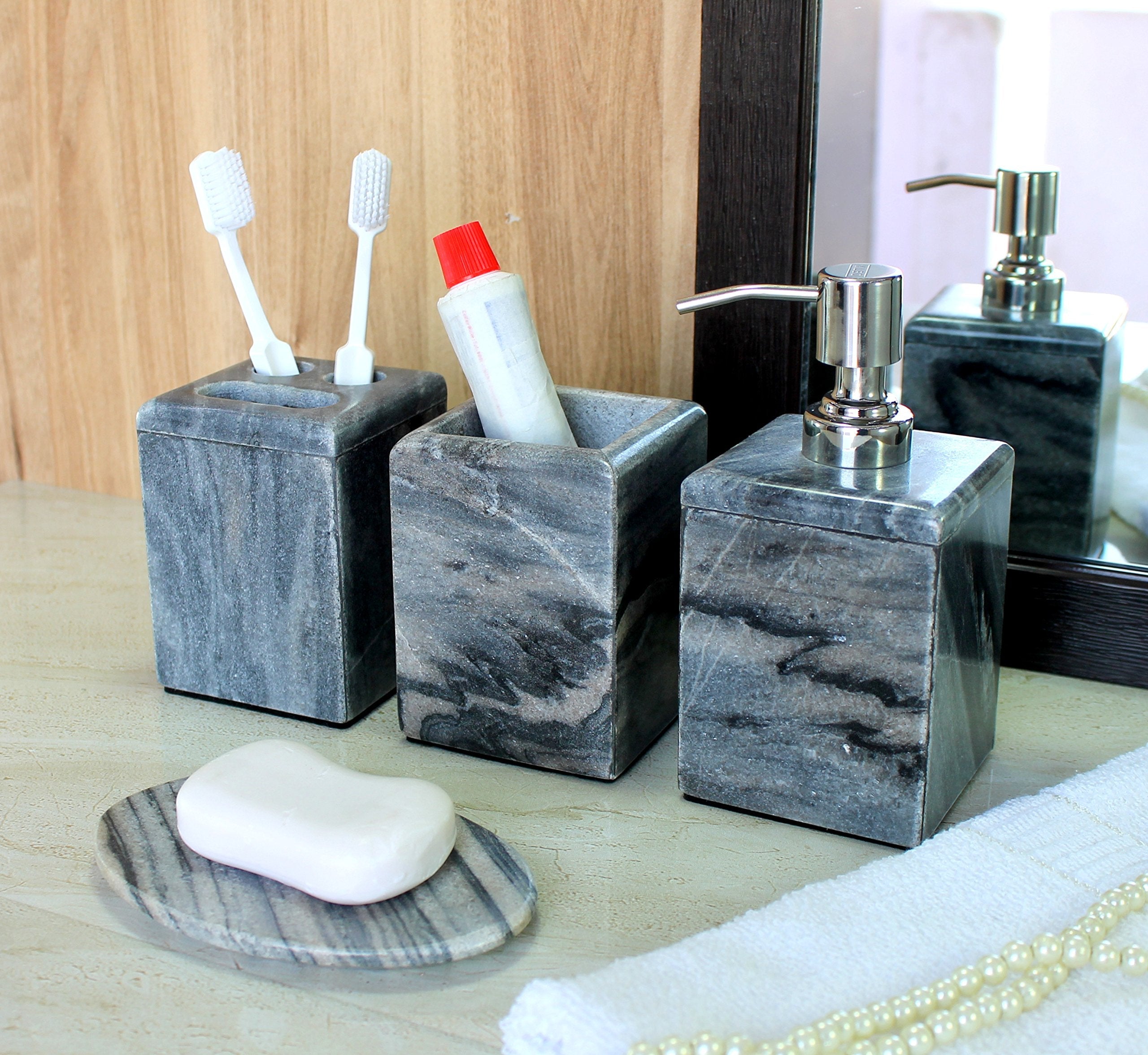 KLEO - Bathroom Accessory Set Made from Natural Stone - Bath Accessories Set of 4 Includes Soap Dispenser, Toothbrush Holder, Tumbler and Soap Dish (Black, Brown)