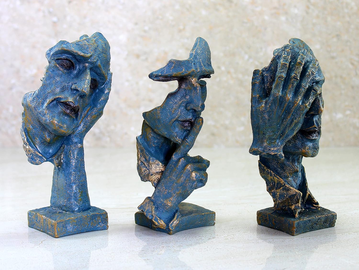 eSplanade Resin Human Faces - Zen Sculpture Showpiece | See No Evil, Hear No Evil, Speak No Evil | Face Expressions Statement Pieces | Home Decor | Set of 3 - Black-Golden - 8.5" Inches (Blue)
