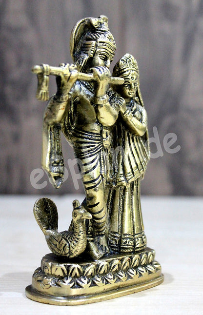 StonKraft - Radha Krishna Pair Murti Idol Statue Sculpture - Brass - 6" Inches - Antique