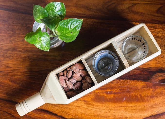 Esplanade Wooden Shot Glass Holder - Handcrafted Wooden Bottle-Shaped Shots Glass Holder Tray/Stationery Holder - Holder for Tequila - 3 Shot Glass Serving Set - Innovative Desk Organizer