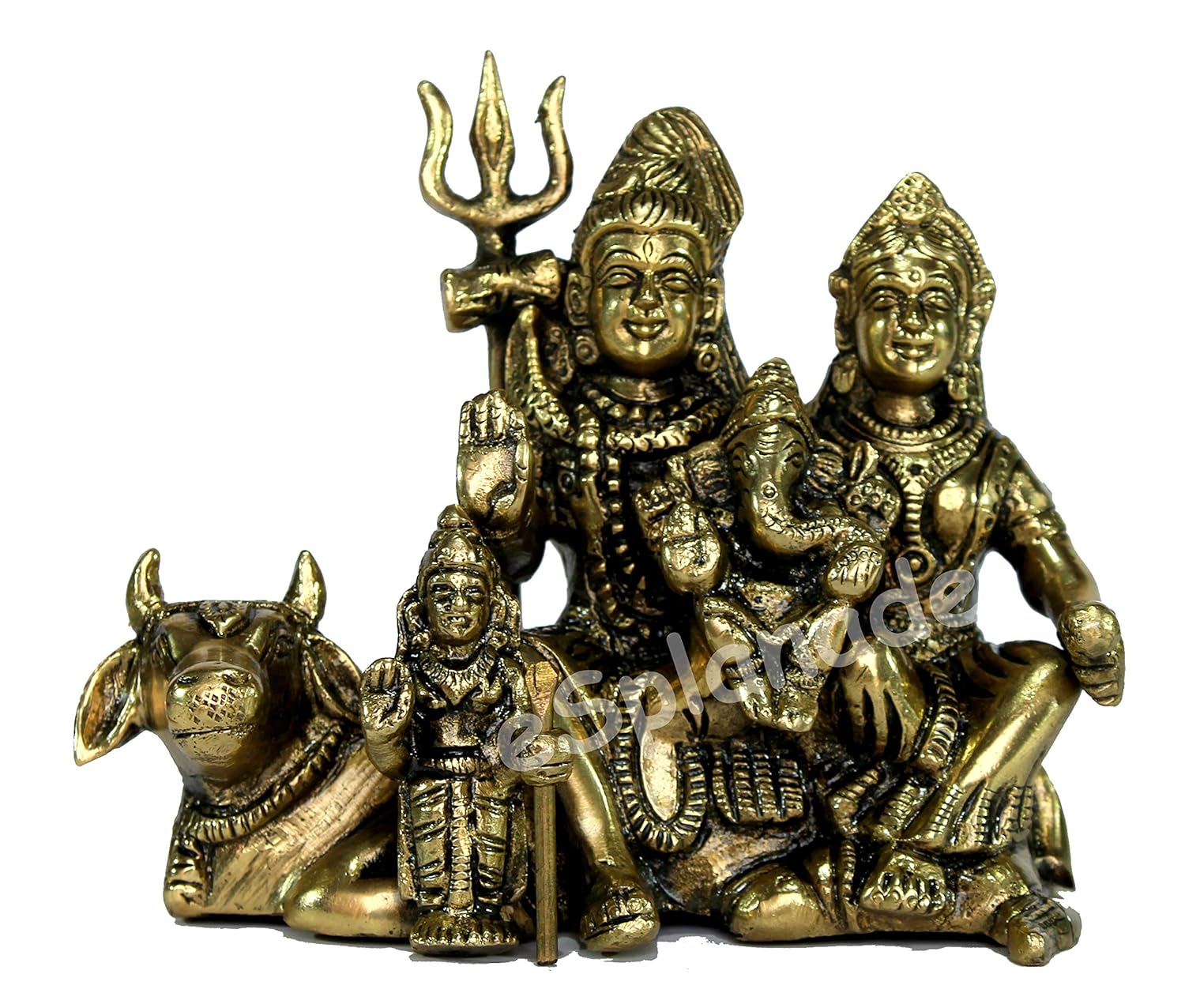 StonKraft 6-inch Brass Shiv Parivar Shiva Parvati Ganesh Family Murti Idol Statue Sculpture, 4.5-inch (Golden)