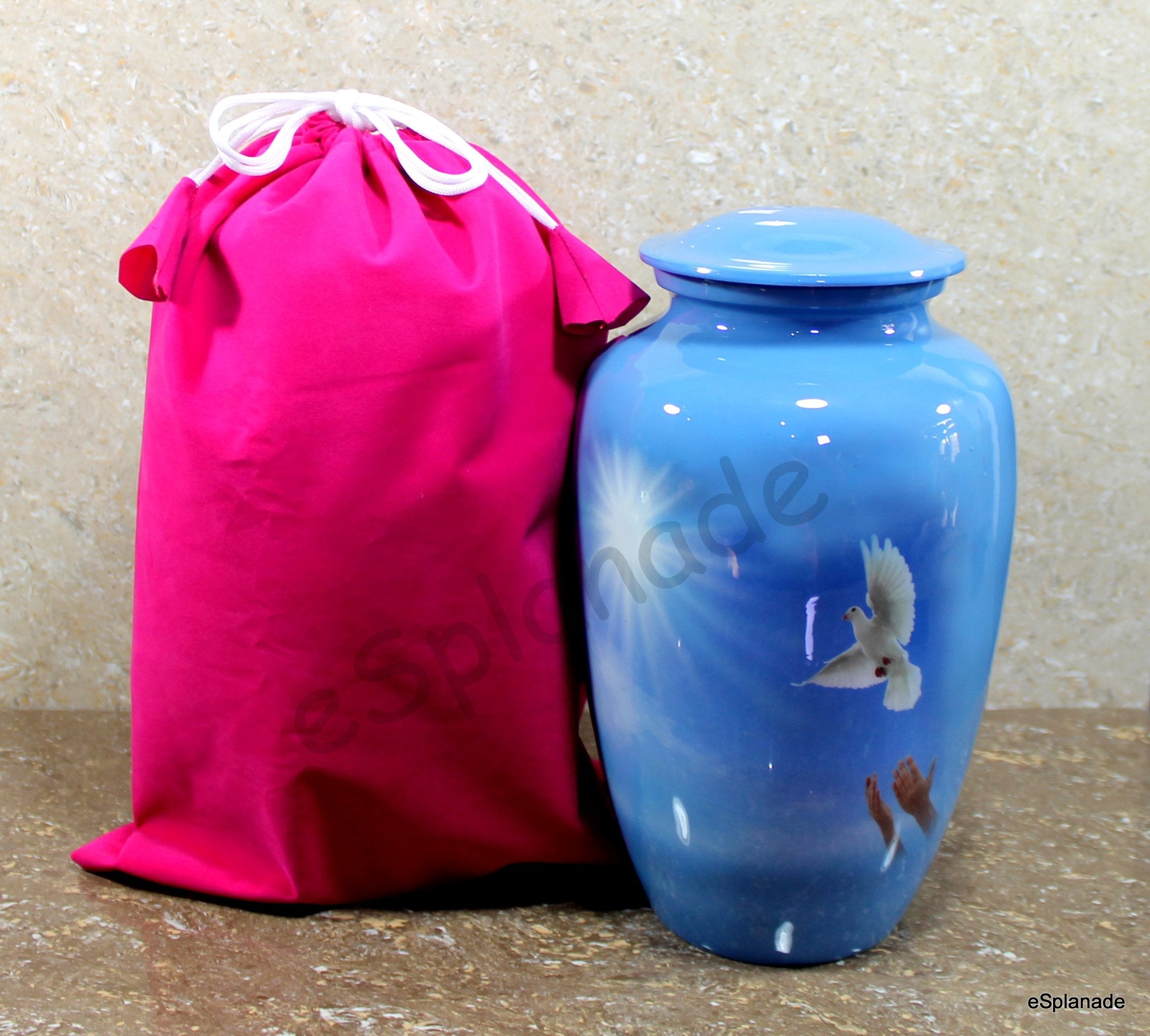 eSplanade Metal Cremation Urn Memorial Jar Pot Container | Full Size Urn for Funeral Ashes Burial | Falcon Printed Urn , Seagull Printed Urn ,White Pigeon Print   | Blue - 10" Inches