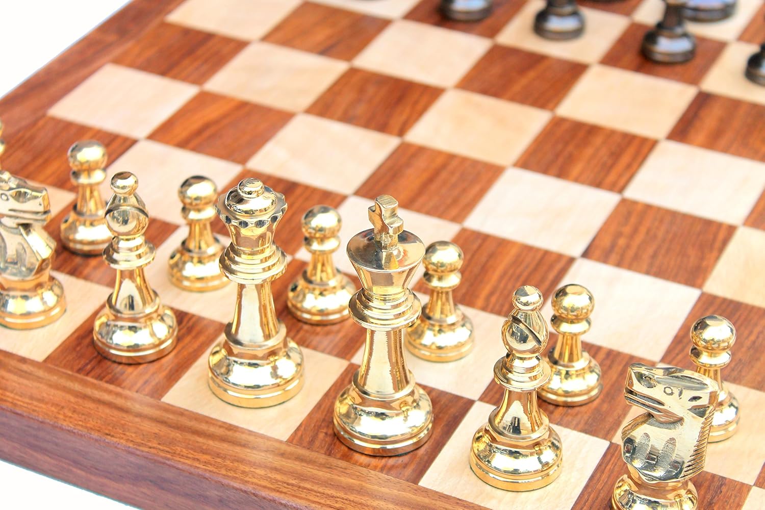 16" X 16? Collectible Acacia Wood Chess Game Board Set+Brass Pieces