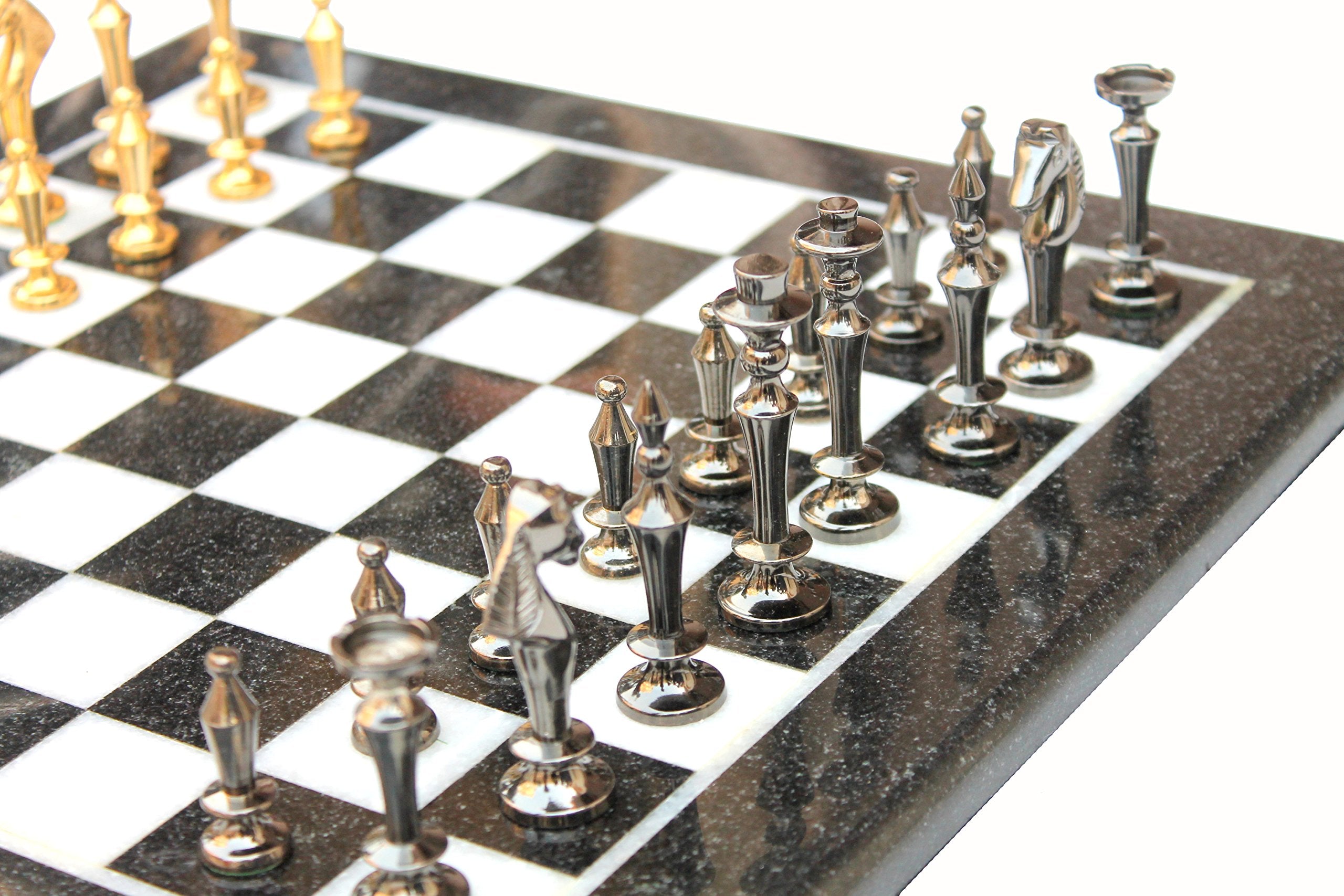 StonKraft Collectible Black & White Marble Chess Board Set + Brass Crafted Chess Pieces Pawns - Decorative Stone Chess - Home Decor - 15" Inches