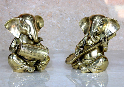 eSplanade 6" Brass God Ganesha Playing Musical Instruments Sitting Statues Set of 2