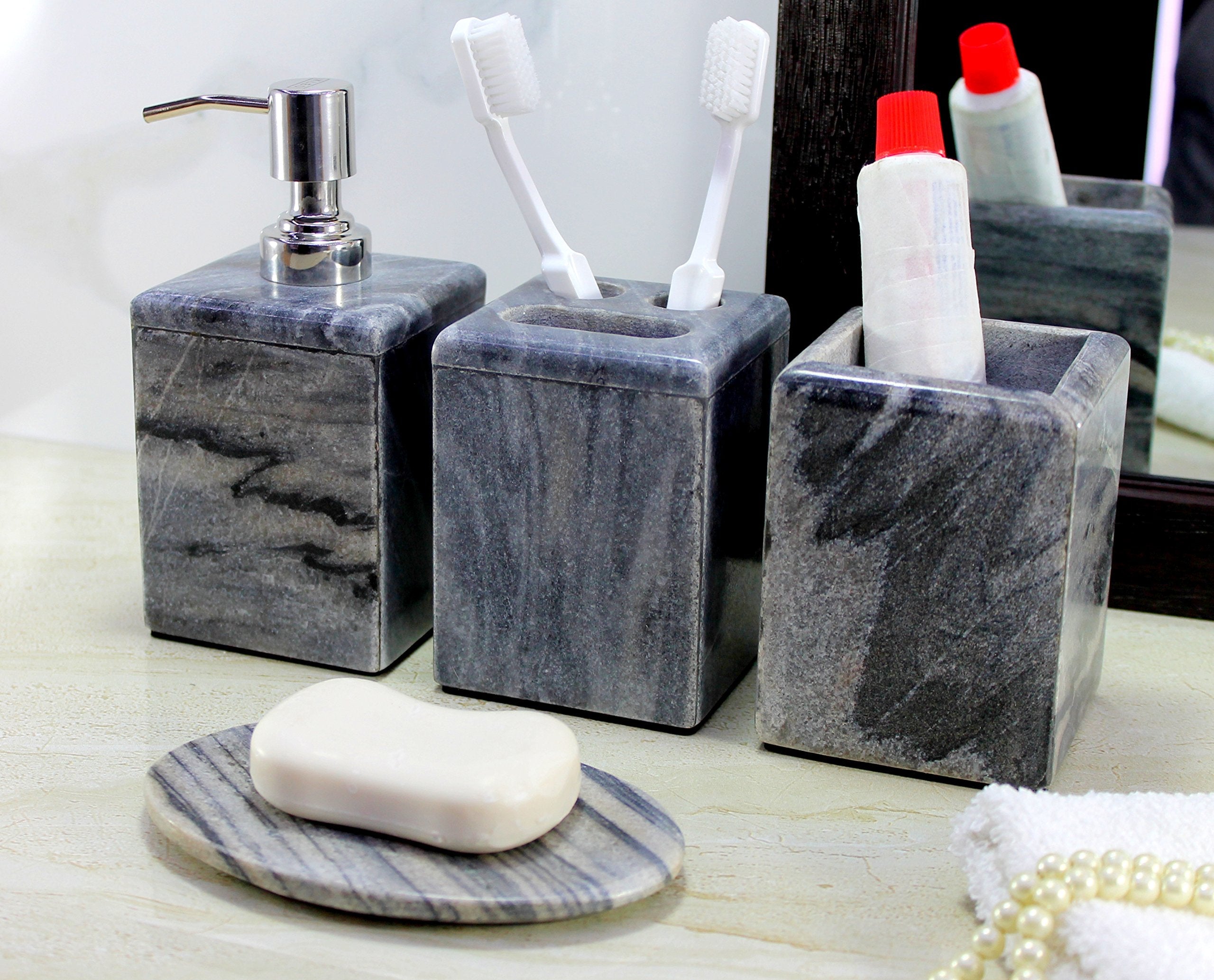 KLEO - Bathroom Accessory Set made from Natural Stone - Bath Accessories set of 4 includes Soap Dispenser, Toothbrush Holder, Tumbler and Soap Dish (Green, Grey)