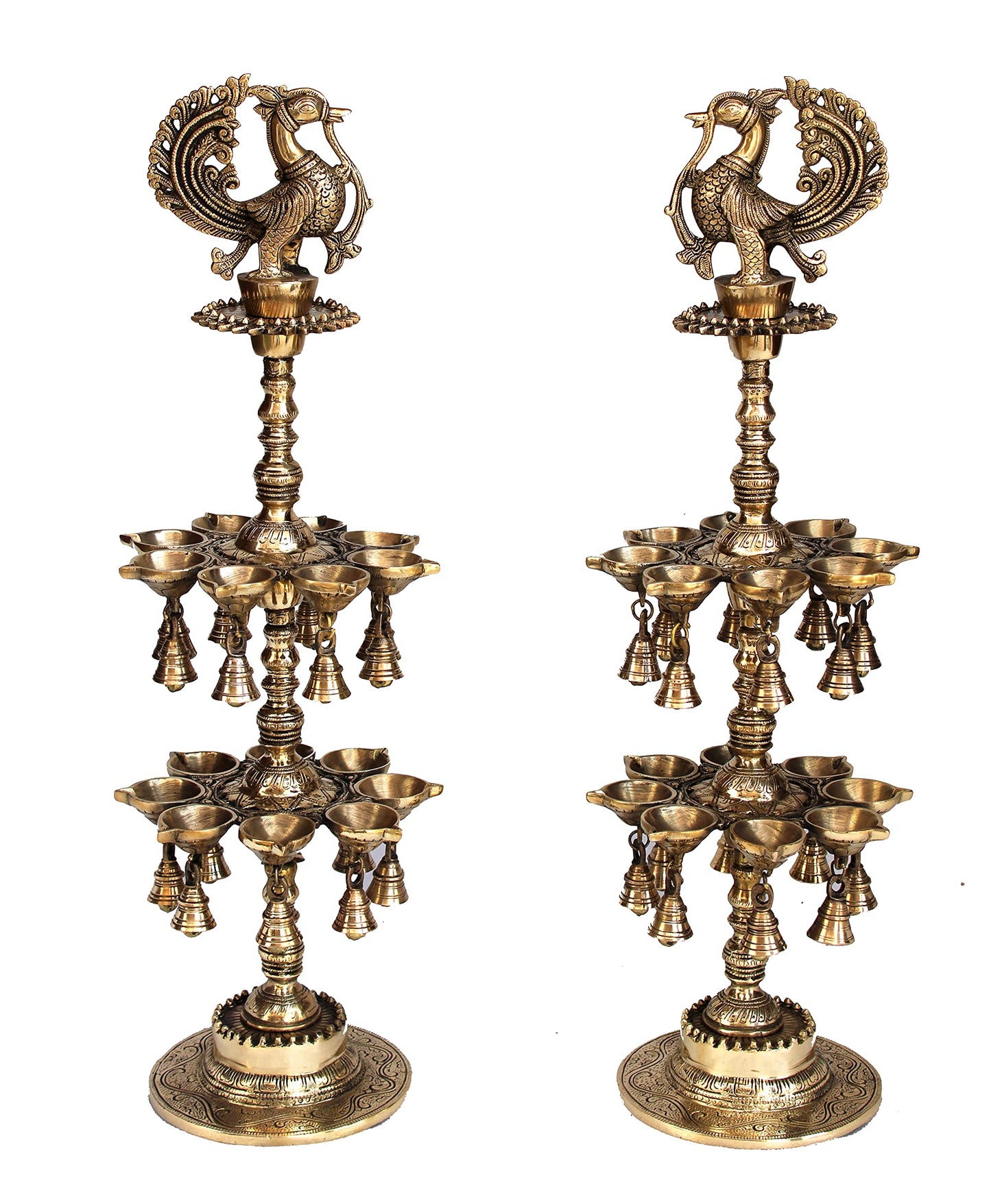 eSplanade Brass Peacock Oil Lamp - Set of 2-17" Inches | Brass Diya | Brass Deepam | Brass Lamps | Kuthu Vilakku