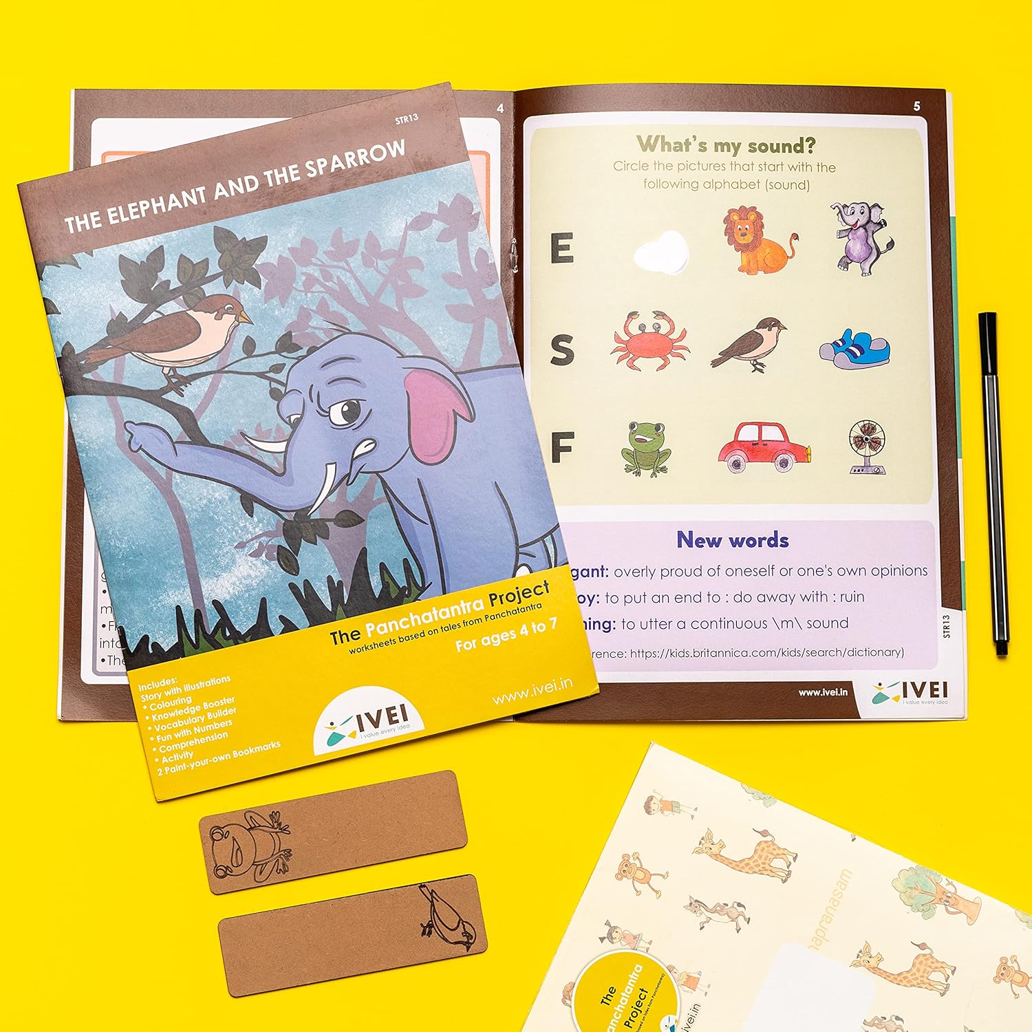 IVEI Panchatantra Kids Learning Book - Workbook and 2 DIY Bookmarks of Panchatantra Story - Colouring Activity Worksheets - Creative Fun Activity and Education For Kids - The Elephant and the Sparrow