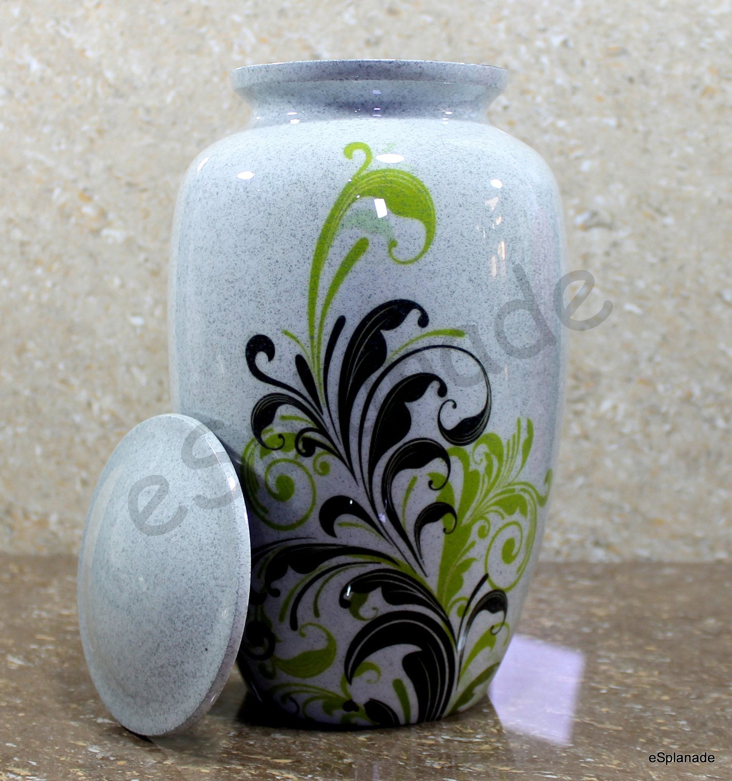 eSplanade Metal Cremation Urn Memorial Jar Pot Container | Full Size Urn for Funeral Ashes Burial | Swirl Flower Print | White - 10" Inches